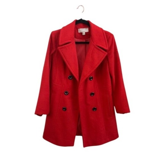 Anne Klein Red Double Breasted Wool Blend Classic Peacoat Holiday Women Size S - Picture 1 of 6